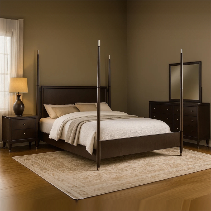 Pemberly Row 4 Piece Queen Poster Bedroom Set in Modern Dark Brown