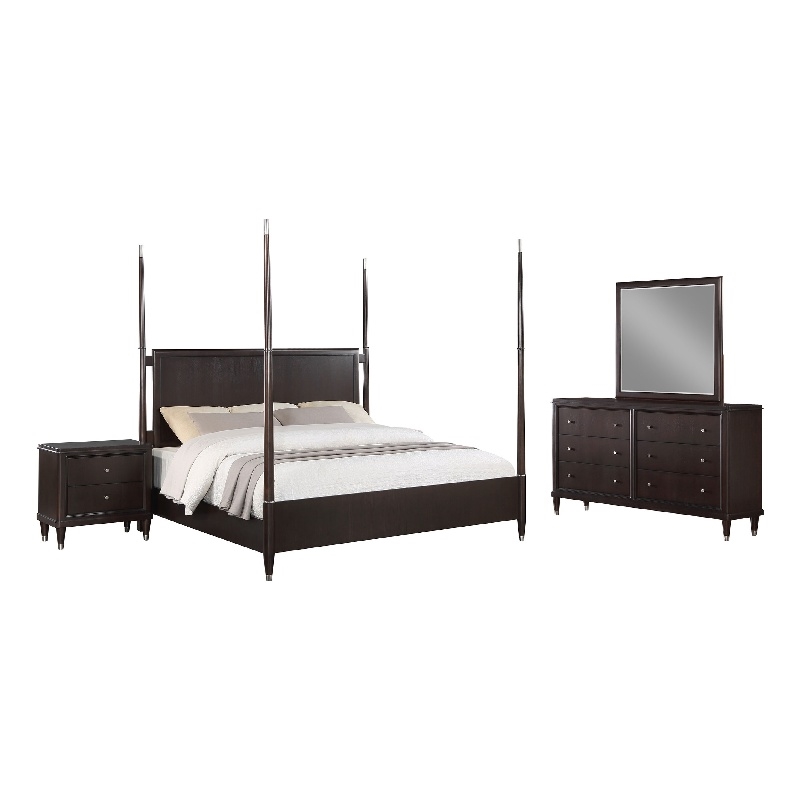 Pemberly Row 4 Piece Queen Poster Bedroom Set in Modern Dark Brown