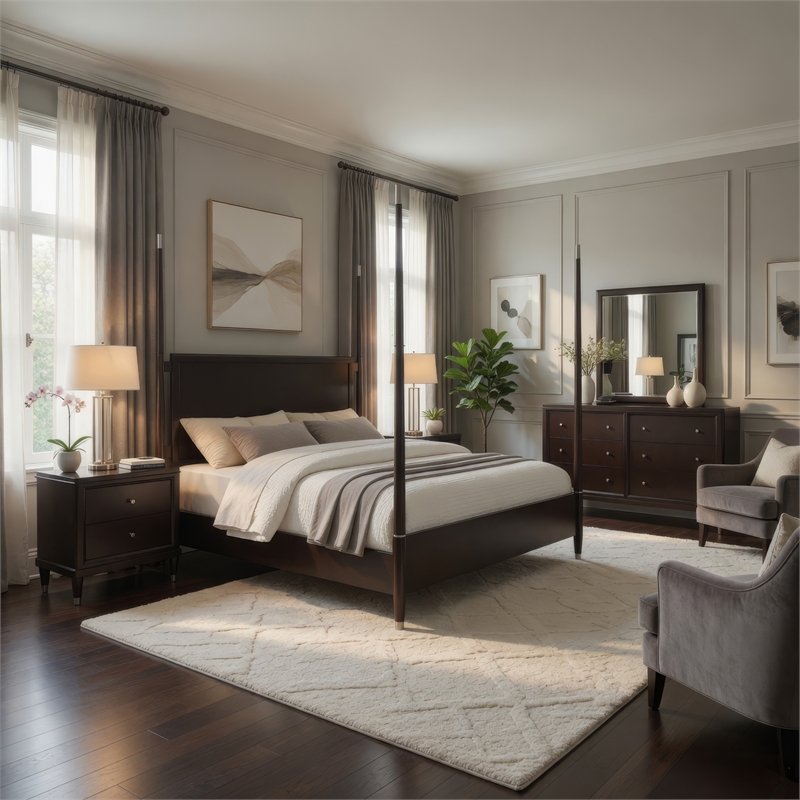 Pemberly Row 5 Piece Queen Poster Bedroom Set in Modern Dark Brown
