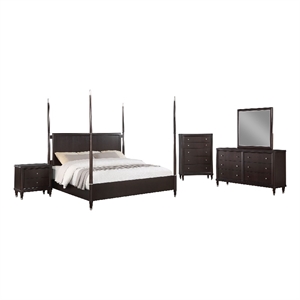 Pemberly Row 5 Piece Queen Poster Bedroom Set in Modern Dark Brown