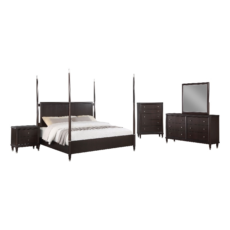 Pemberly Row 5 Piece Queen Poster Bedroom Set in Modern Dark Brown