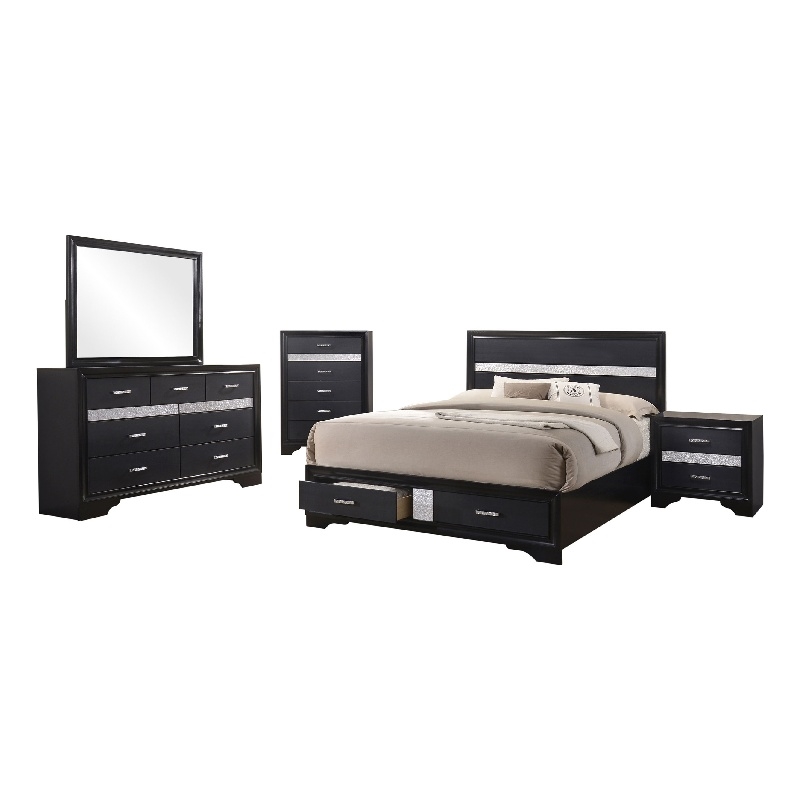 Pemberly Row 5 Piece King Storage Bedroom Set with Glitter in Black