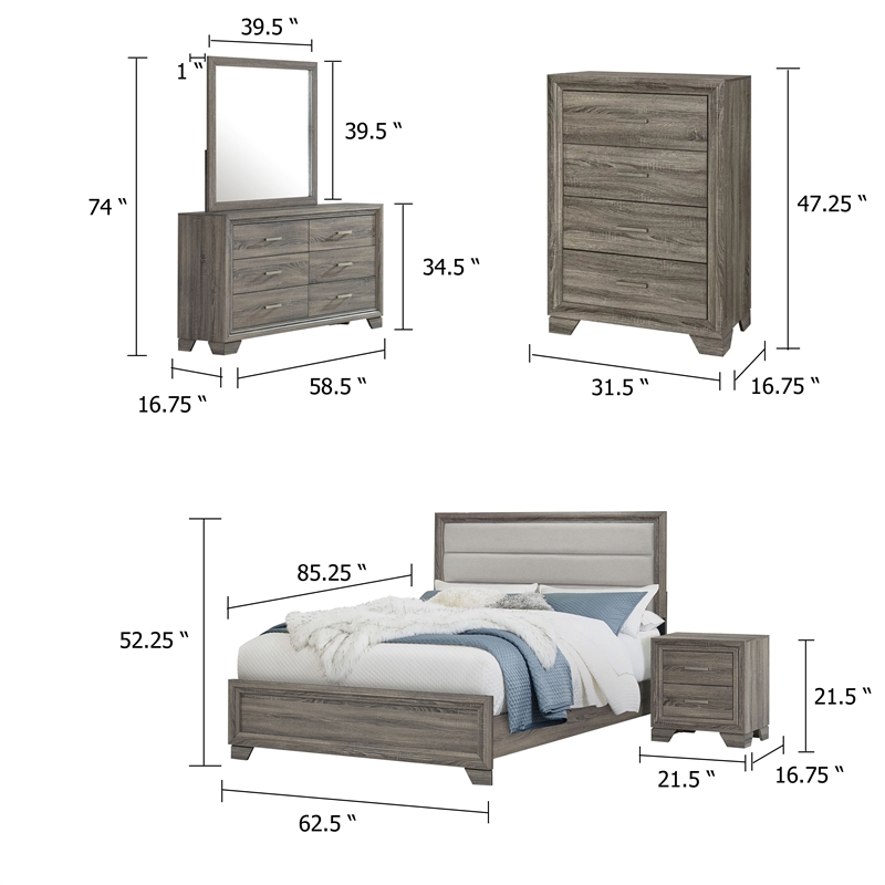 Pemberly Row 5 Piece Queen Upholstered Bedroom Set in Gray Brown