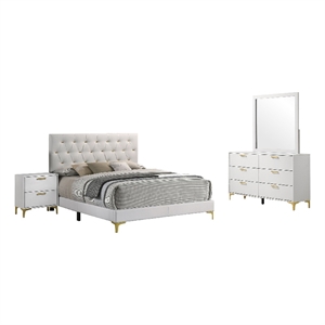 Pemberly Row 4 Piece Queen Bedroom Set in White with Gold Accents