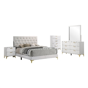 Pemberly Row 5 Piece Queen Bedroom Set in White with Gold Accents