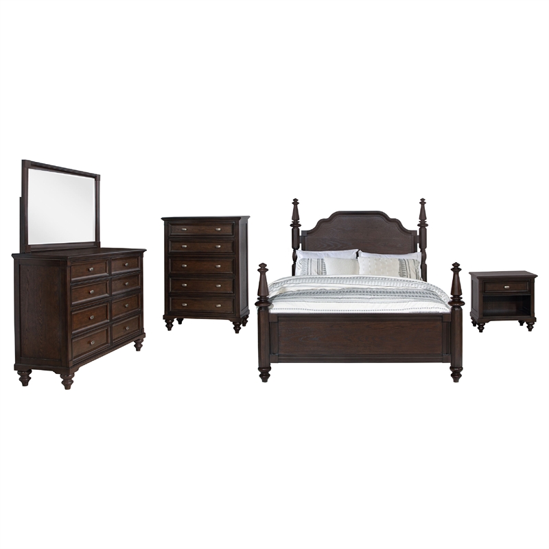 Pemberly Row 5 Piece King Poster Bedroom Set in Classical Dark Oak Brown