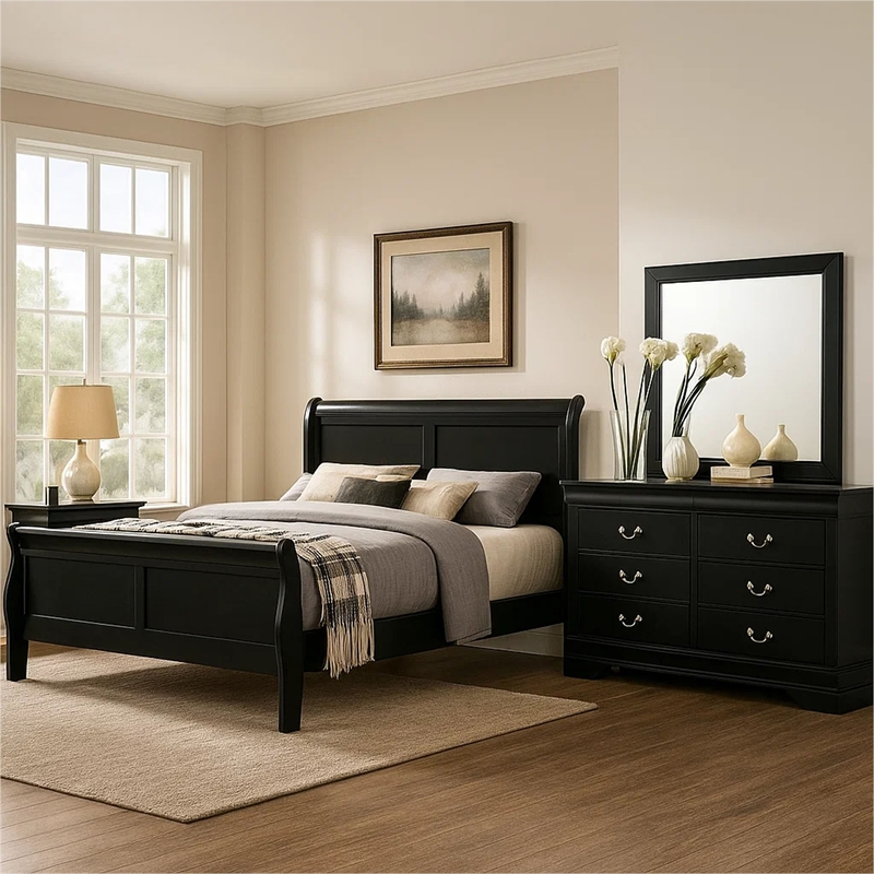 Pemberly Row 4 Piece Queen Sleigh Bedroom Set in Classic Black