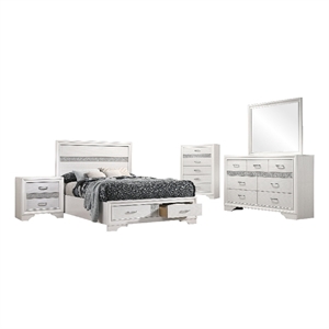 Pemberly Row 5 Piece Full Storage Bedroom Set with Glitter in White