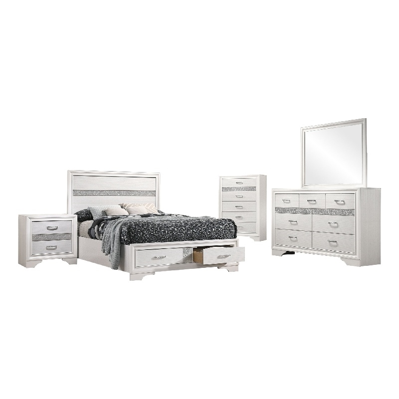 Pemberly Row 5 Piece Full Storage Bedroom Set with Glitter in White