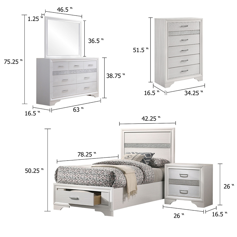 Pemberly Row 5 Piece Twin Storage Bedroom Set with Glitter in White