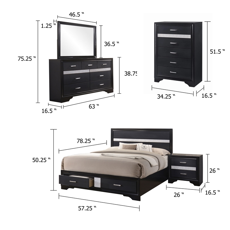 Pemberly Row 5 Piece Full Storage Bedroom Set with Glitter in Black
