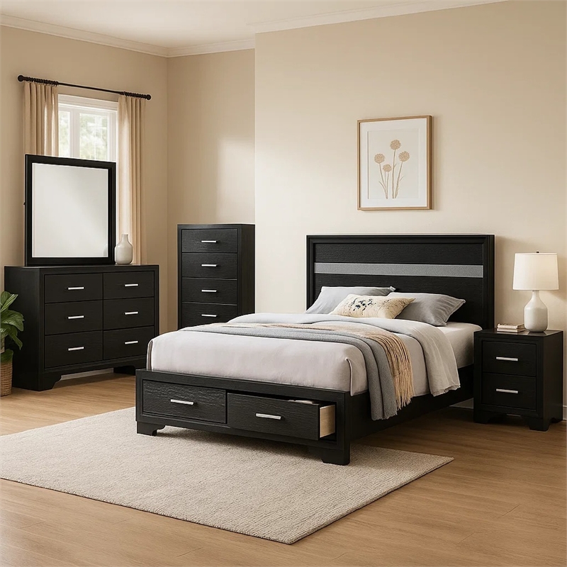 Pemberly Row 5 Piece Full Storage Bedroom Set with Glitter in Black