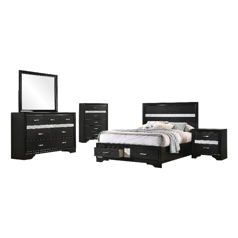 Pemberly Row 5 Piece Full Storage Bedroom Set with Glitter in Black