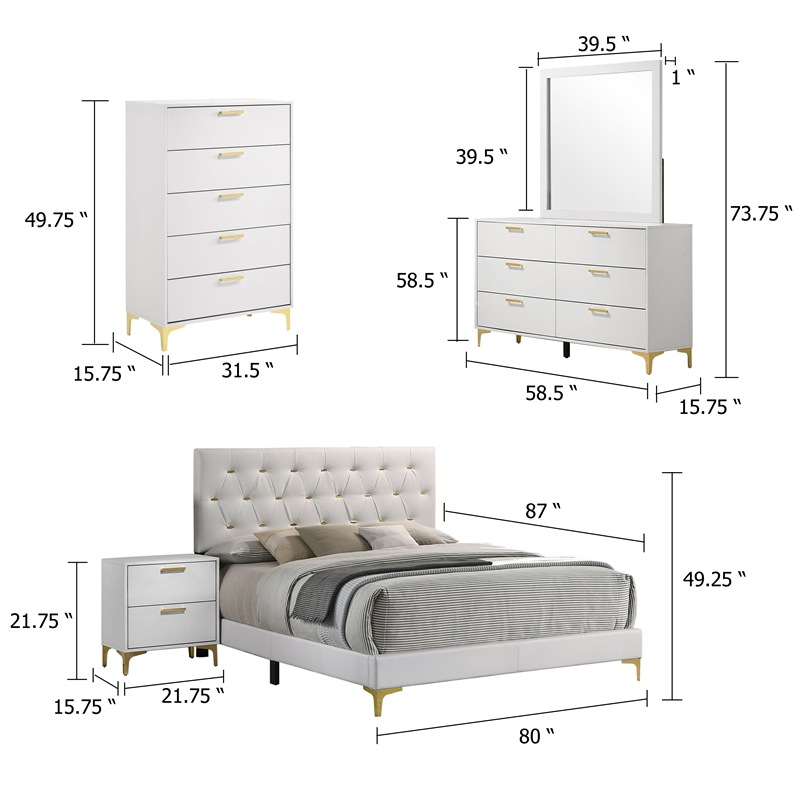 Pemberly Row 5 Piece King Bedroom Set in White with Gold Accents