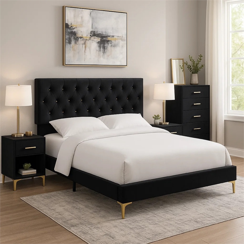 Pemberly Row 4 Piece Queen Bedroom Set in Black Velvet with Gold