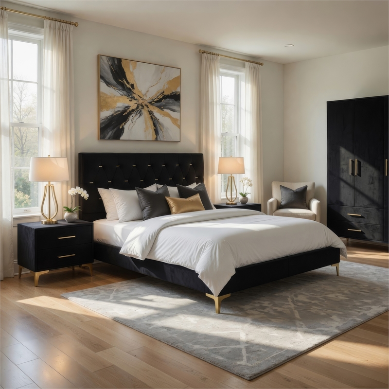 Pemberly Row 5 Piece Queen Bedroom Set in Black Velvet with Gold