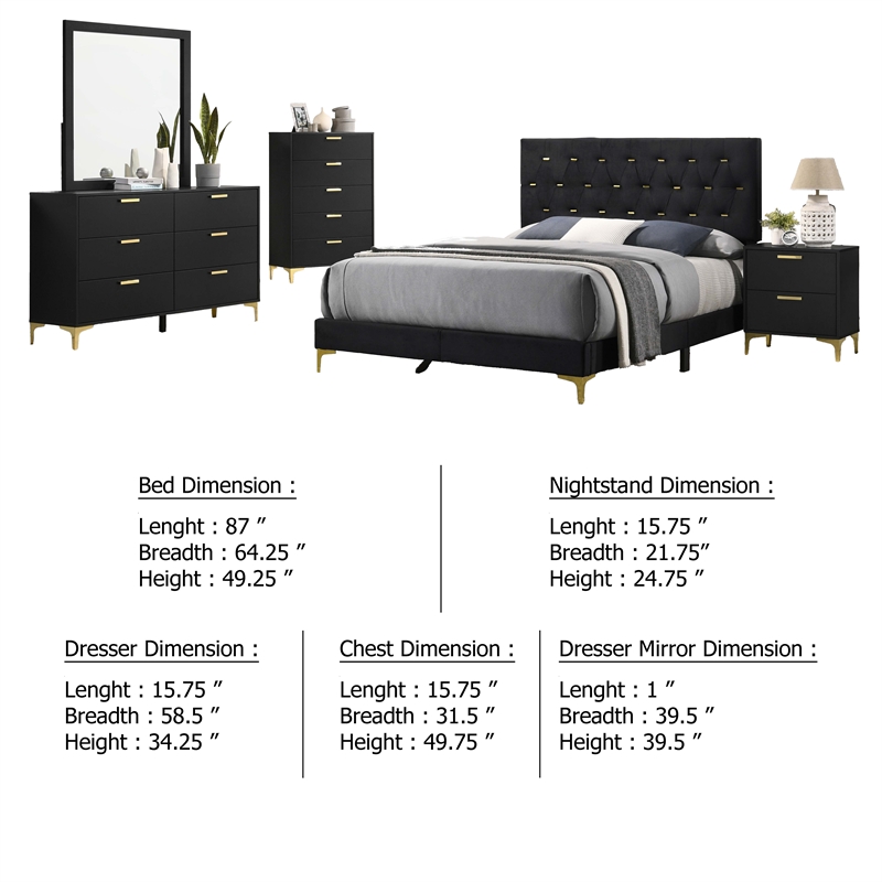 Pemberly Row 5 Piece Queen Bedroom Set in Black Velvet with Gold