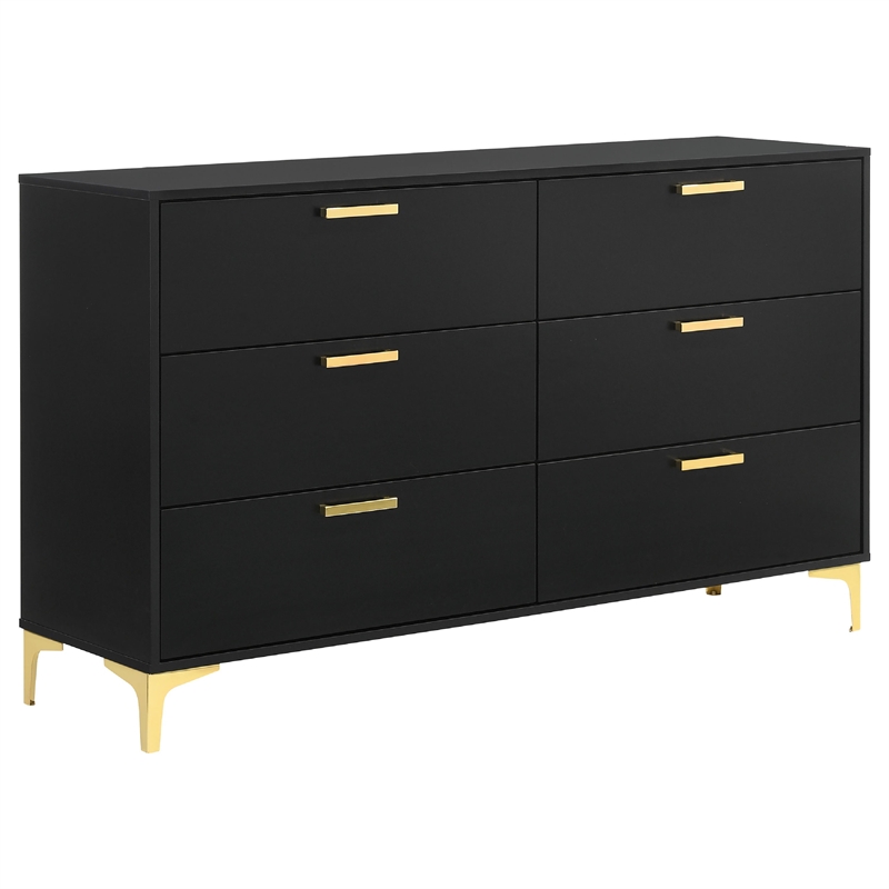 Pemberly Row 5 Piece Queen Bedroom Set in Black Velvet with Gold
