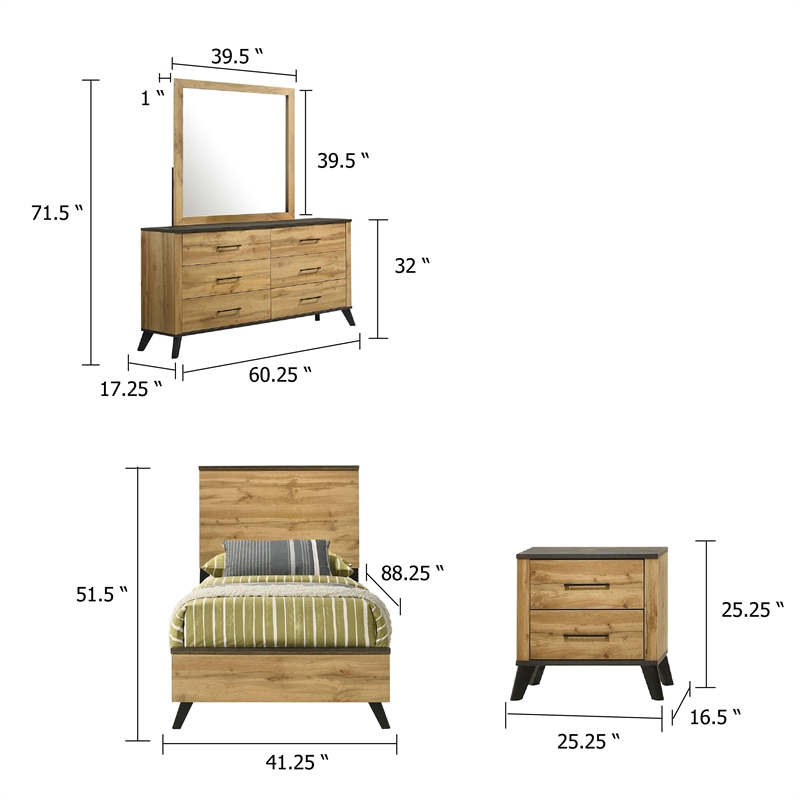 Pemberly Row 4 Piece Twin Bedroom Set in Rustic Brown Pine Wood
