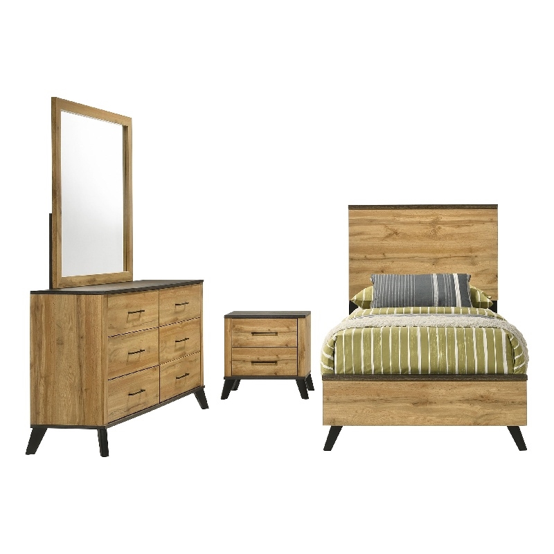 Pemberly Row 4 Piece Twin Bedroom Set in Rustic Brown Pine Wood