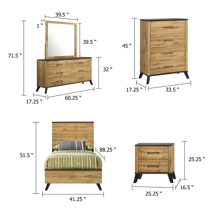 Pemberly Row 5 Piece Twin Bedroom Set in Rustic Brown Pine Wood