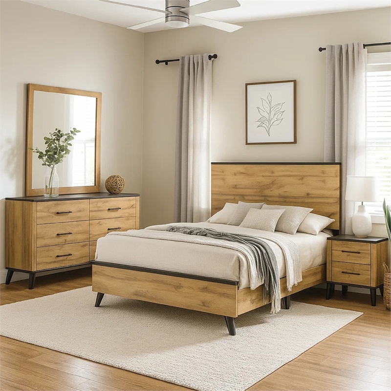 Pemberly Row 4 Piece Full Bedroom Set in Rustic Brown Pine Wood
