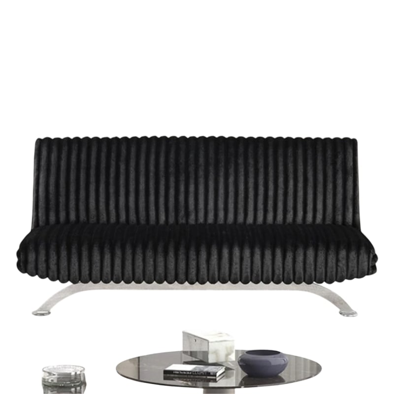 Pemberly Row Channel Tufted Futon Sofa Bed in Black with Chrome Legs