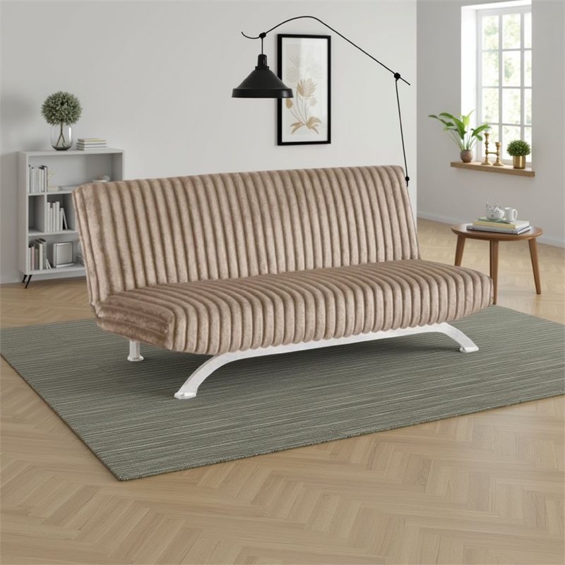 pemberly row channel tufted futon sofa bed in taupe with chrome legs