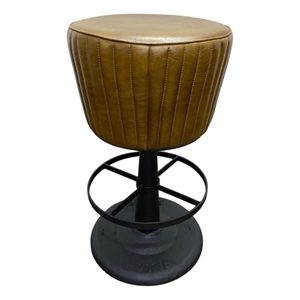 Pemberly Row Mushroom Counter Stool in Brown Ribbed Leather with Iron Base