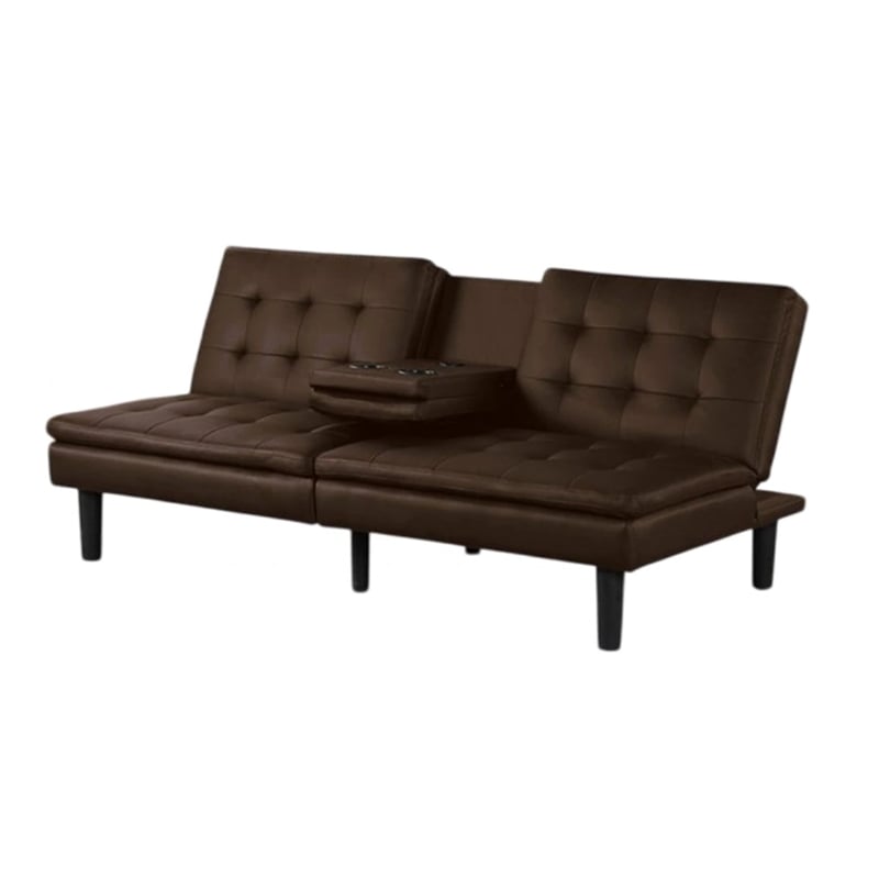 Pemberly Row Futon Sofa Bed with Drop Down Tray in Brown Faux Leather
