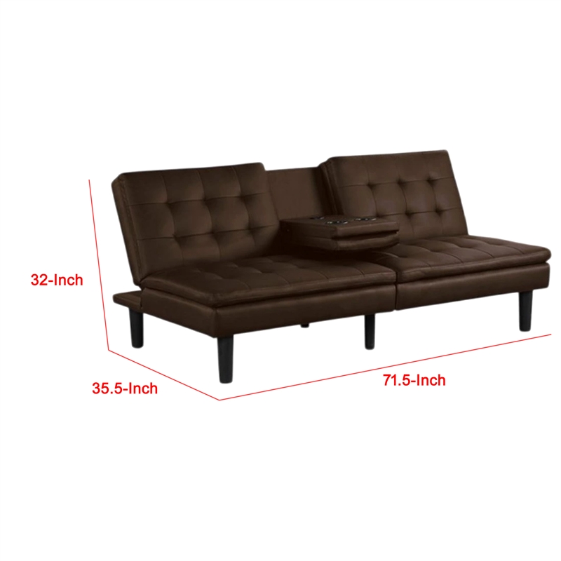 Pemberly Row Futon Sofa Bed with Drop Down Tray in Brown Faux Leather