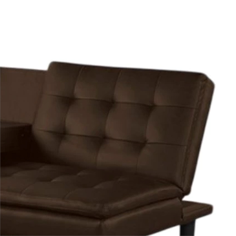 Pemberly Row Futon Sofa Bed with Drop Down Tray in Brown Faux Leather