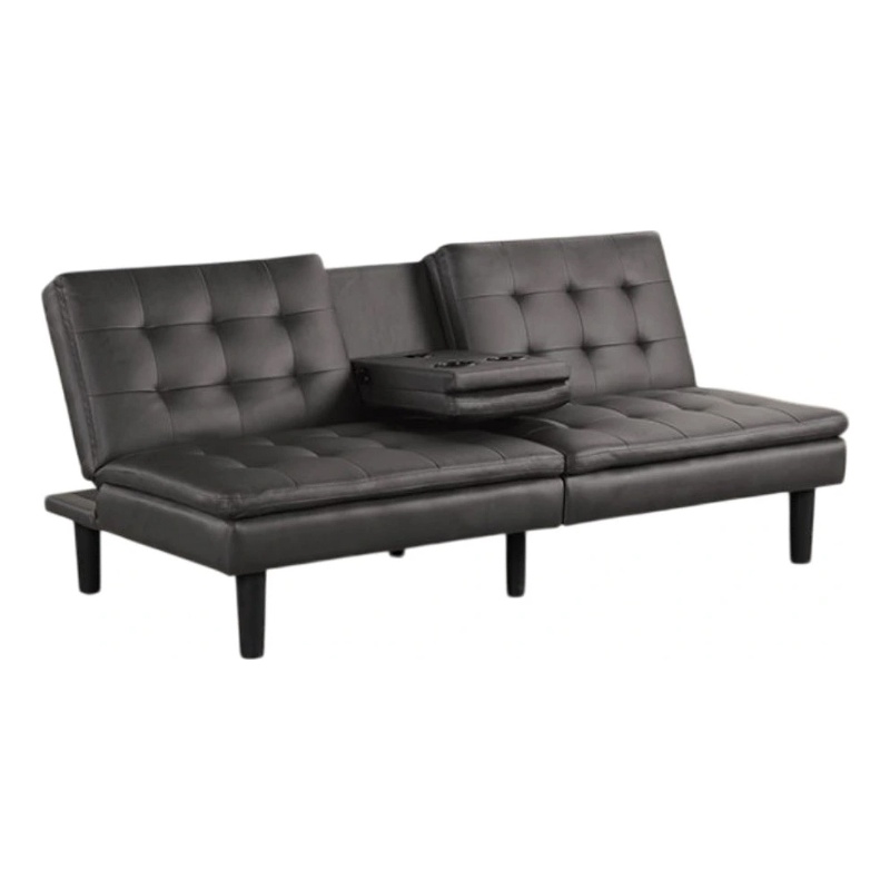 Pemberly Row Futon Sofa Bed with Drop Down Tray in Gray Faux Leather
