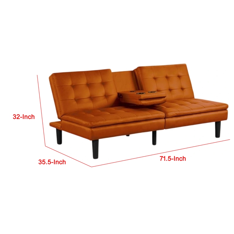 Pemberly Row Futon Sofa Bed with Drop Down Tray in Orange Faux Leather