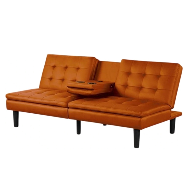 Pemberly Row Futon Sofa Bed with Drop Down Tray in Orange Faux Leather