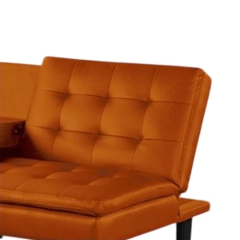 Pemberly Row Futon Sofa Bed with Drop Down Tray in Orange Faux Leather