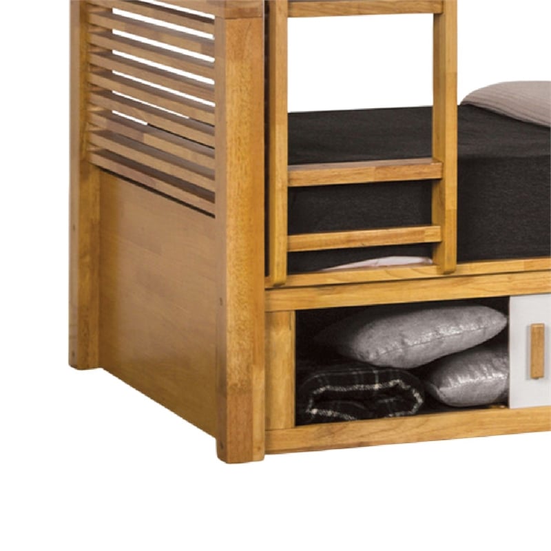 Pemberly Row Twin over Twin Bunk Bed with Storage in Light Oak Brown