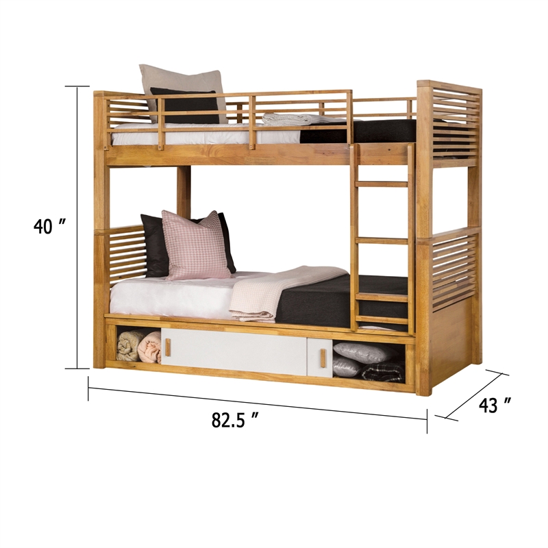 Pemberly Row Twin over Twin Bunk Bed with Storage in Light Oak Brown