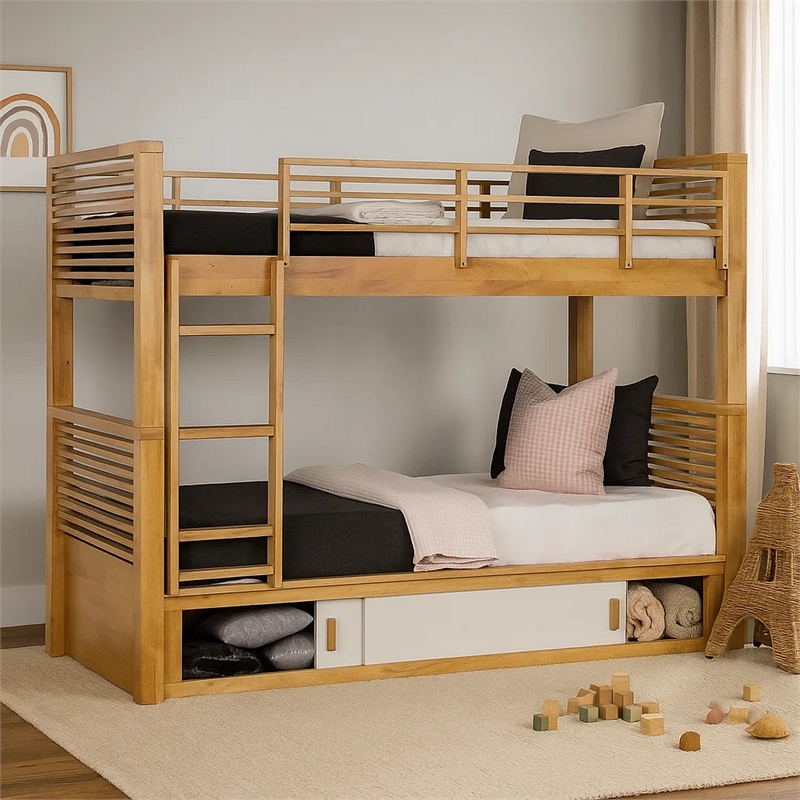 Pemberly Row Twin over Twin Bunk Bed with Storage in Light Oak Brown