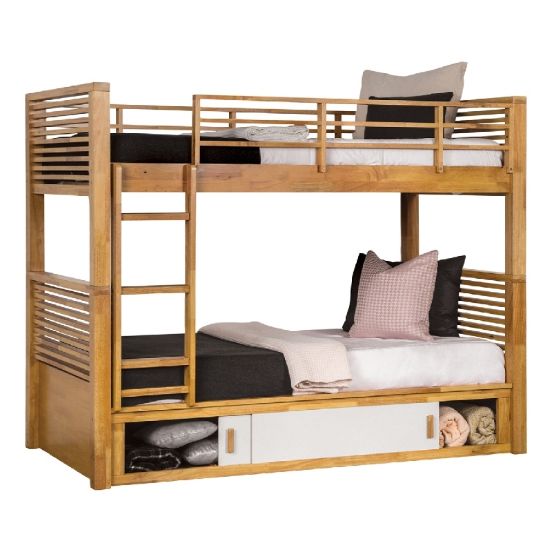 Pemberly Row Twin over Twin Bunk Bed with Storage in Light Oak Brown
