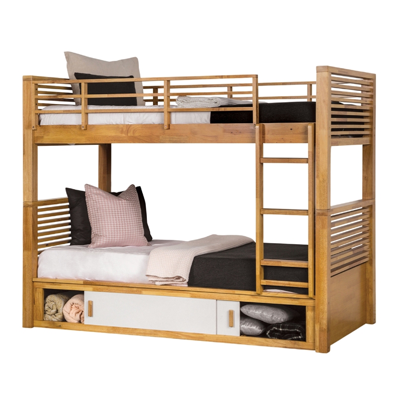 Pemberly Row Twin over Twin Bunk Bed with Storage in Light Oak Brown