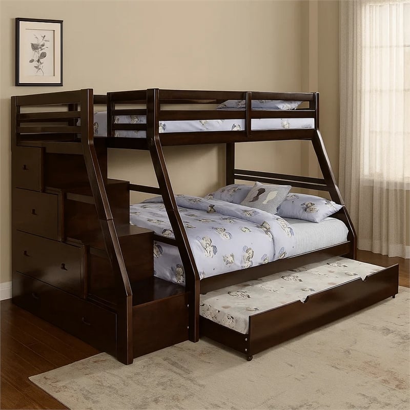 Pemberly Row Twin over Full Stair Bunk Bed with Drawers in Espresso Brown
