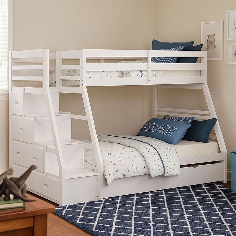 Pemberly Row Twin over Full Stair Bunk Bed with Drawers in White