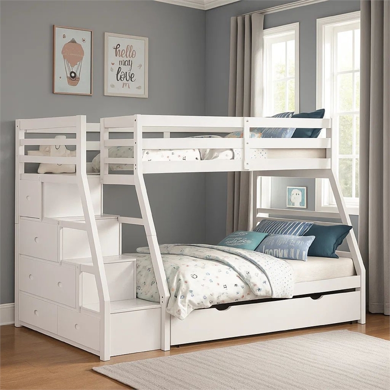 Pemberly Row Twin over Full Stair Bunk Bed with Drawers in White