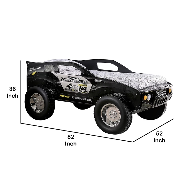 Pemberly Row Kids Twin Off-Road Car Bed with LED Headlights in Black