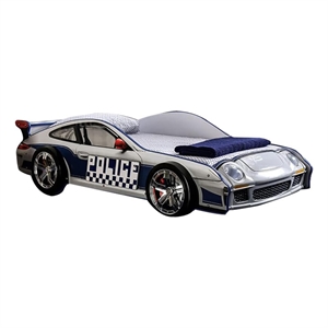 Pemberly Row Kids Twin Police Car Bed with Side Rails in White and Blue