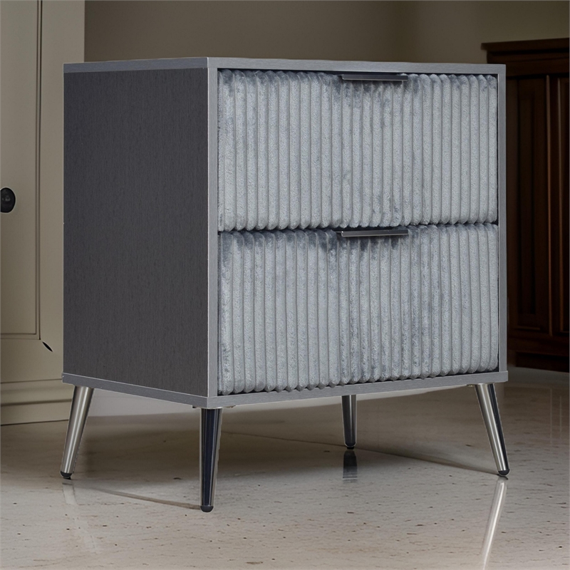 Pemberly Row 26 Inch Nightstand with 2 Ribbed Drawers in Smooth Gray