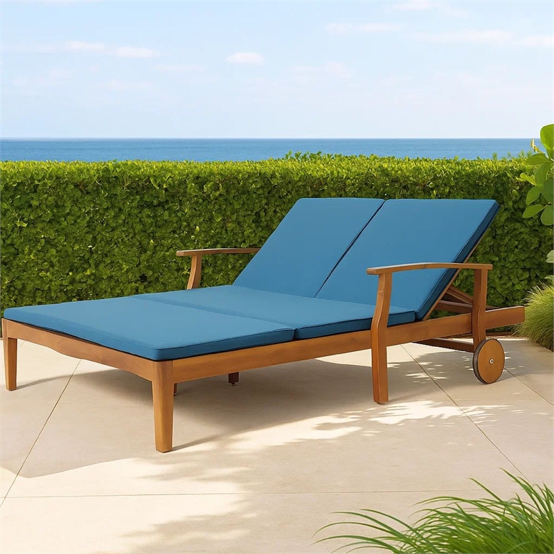Pemberly Row 79 Inch Outdoor Double Chaise Lounger in Acacia Wood