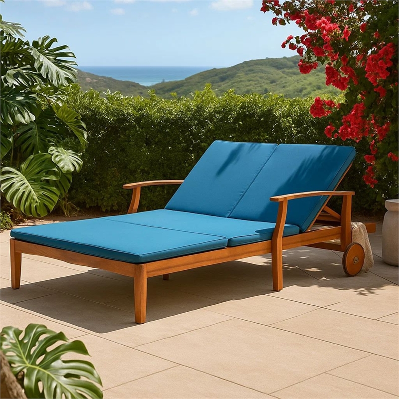 Pemberly Row 79 Inch Outdoor Double Chaise Lounger in Acacia Wood