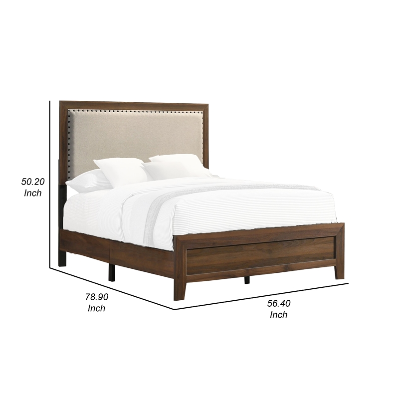 Pemberly Row Full Bed with Nailhead Upholstered Headboard in Cherry Brown